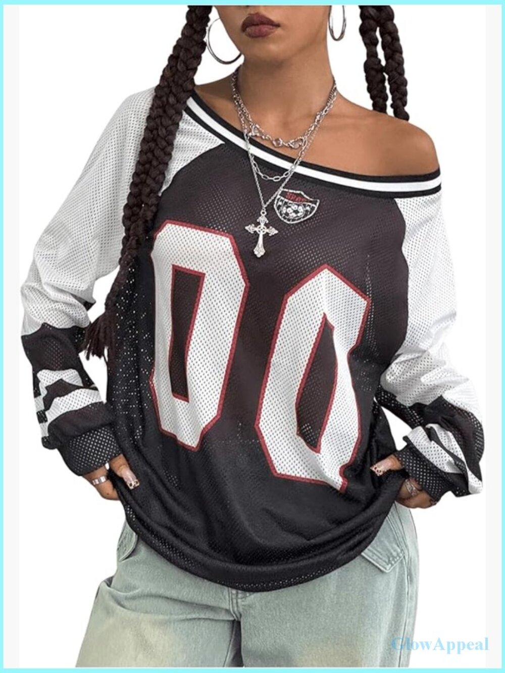 Oversized Off Shoulder Long Sleeve Mesh Graphic Tee Streetwear Top